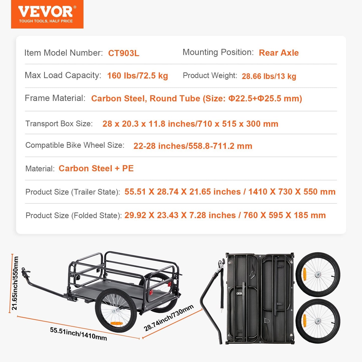 Heavy-Duty Foldable Bike Cargo Trailer, 72.5 kg Load, Universal Hitch