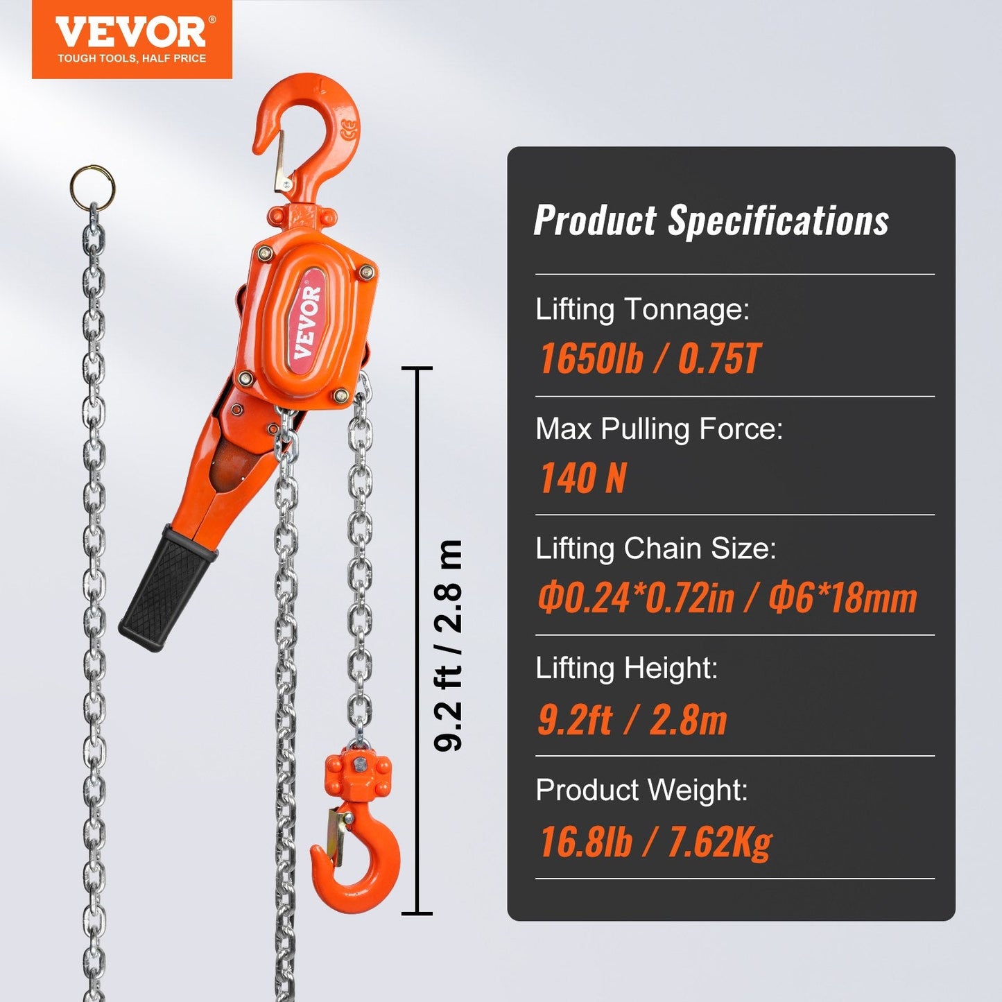 Manual Lever Chain Hoist, 0.75 Ton Capacity, 2.8 m Lift, G80 Steel, 360° Rotation