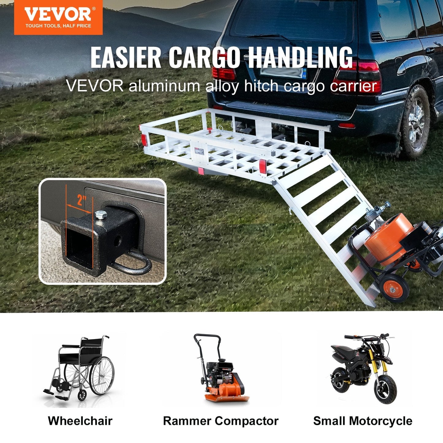 Aluminum Hitch Cargo Carrier with Ramp - 227 kg Capacity, 1.27 x 0.75 x 0.22 m