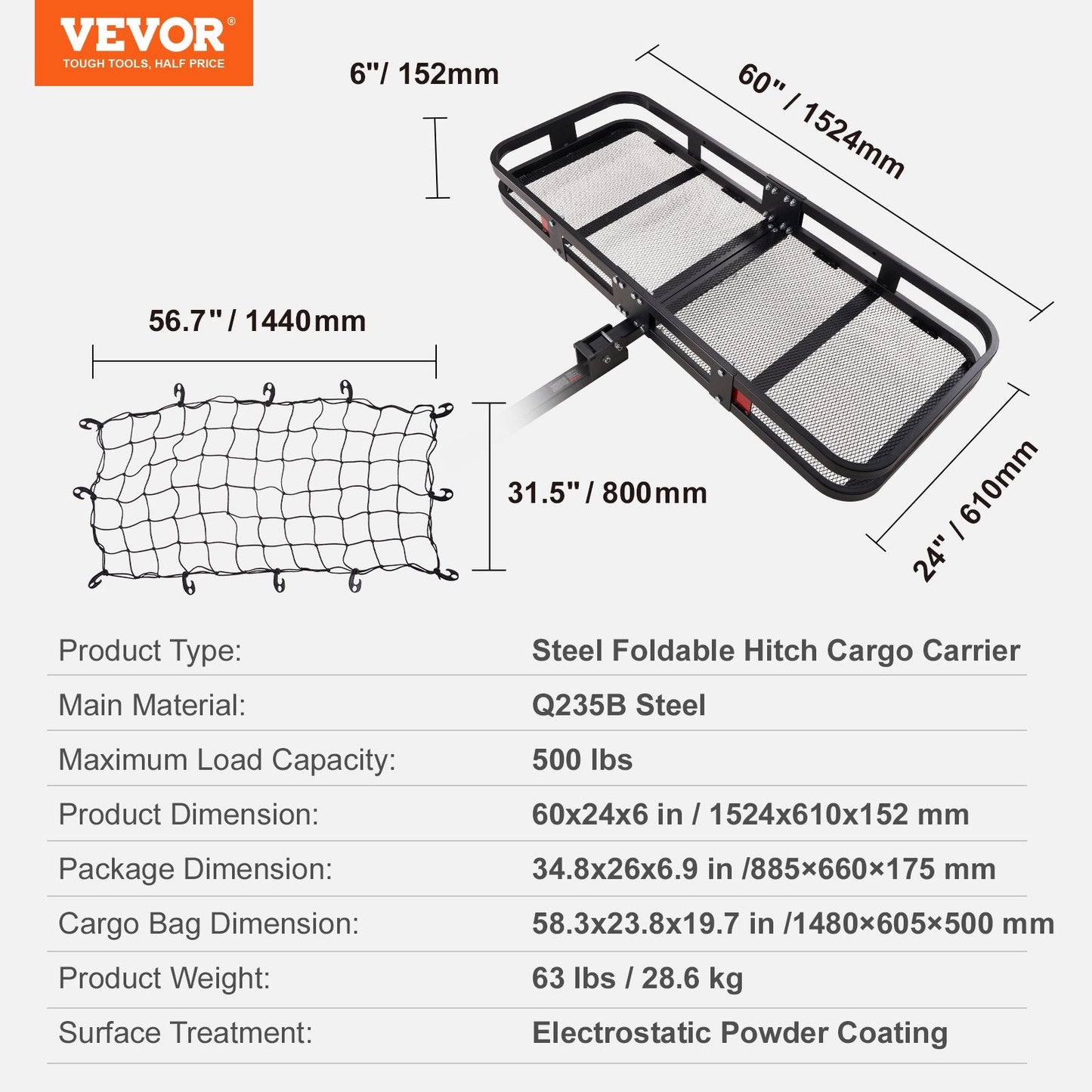Heavy-Duty Steel Hitch Cargo Carrier with Waterproof Bag, 227kg Capacity, Foldable