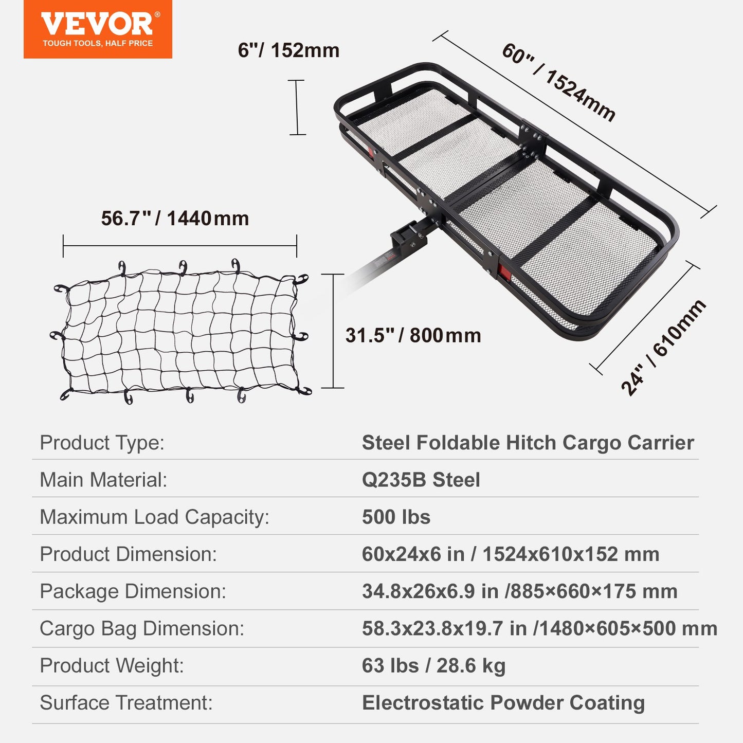 VEVOR 1524x610x152 mm/60*24*6 inch Hitch Mount Cargo Carrier, 227kg Capacity Folding
