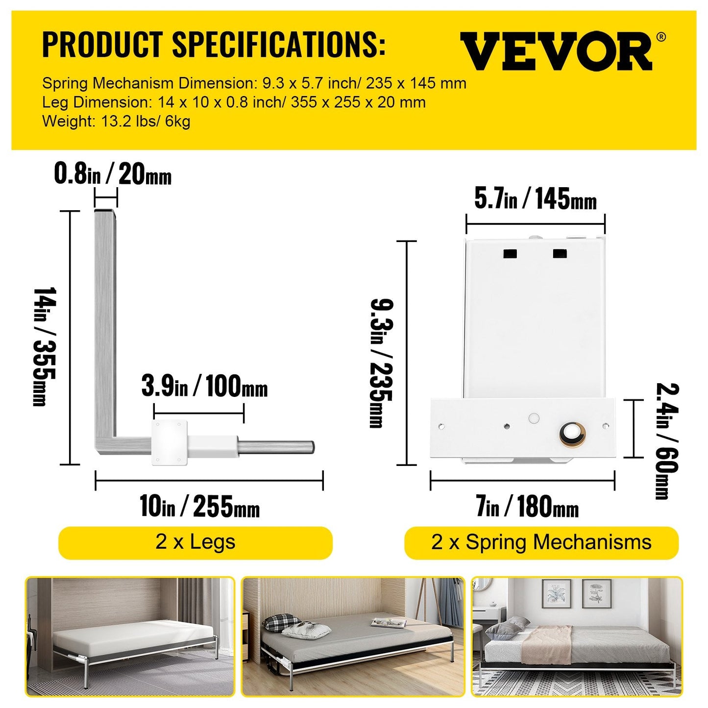 DIY Horizontal Murphy Bed Kit for Twin/Queen Size, 250kg Capacity, Space-Saving