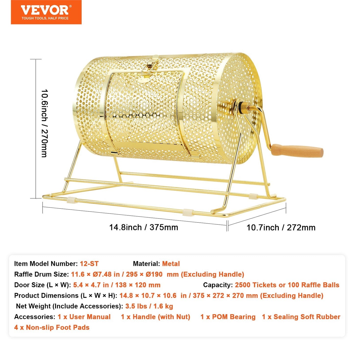 Brass Plated Raffle Drum, Holds 2500 Tickets, with Wooden Handle, 1.6 kg