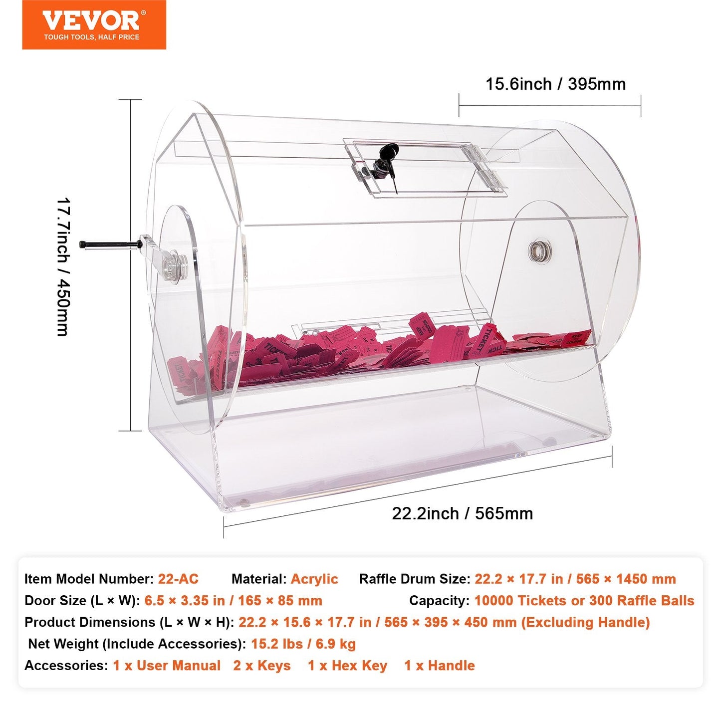 Acrylic Raffle Drum for 10000 Tickets or 300 Balls, Transparent with Lock