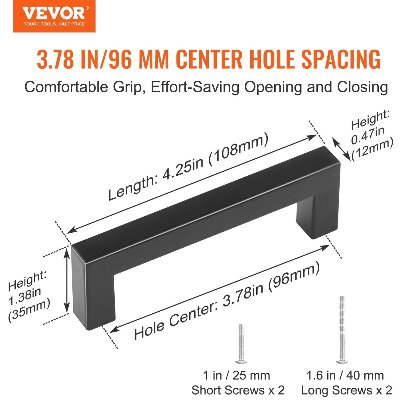10-Pack Slim Square Cabinet Pulls, 96mm Center, Matte Black Stainless Steel