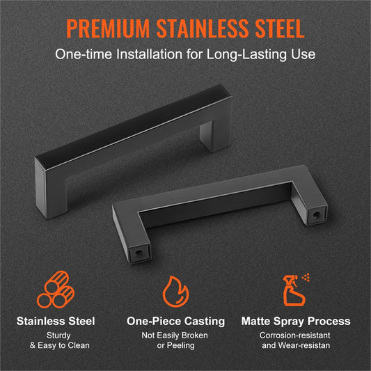 10-Pack Slim Square Cabinet Pulls, 96mm Center, Matte Black Stainless Steel