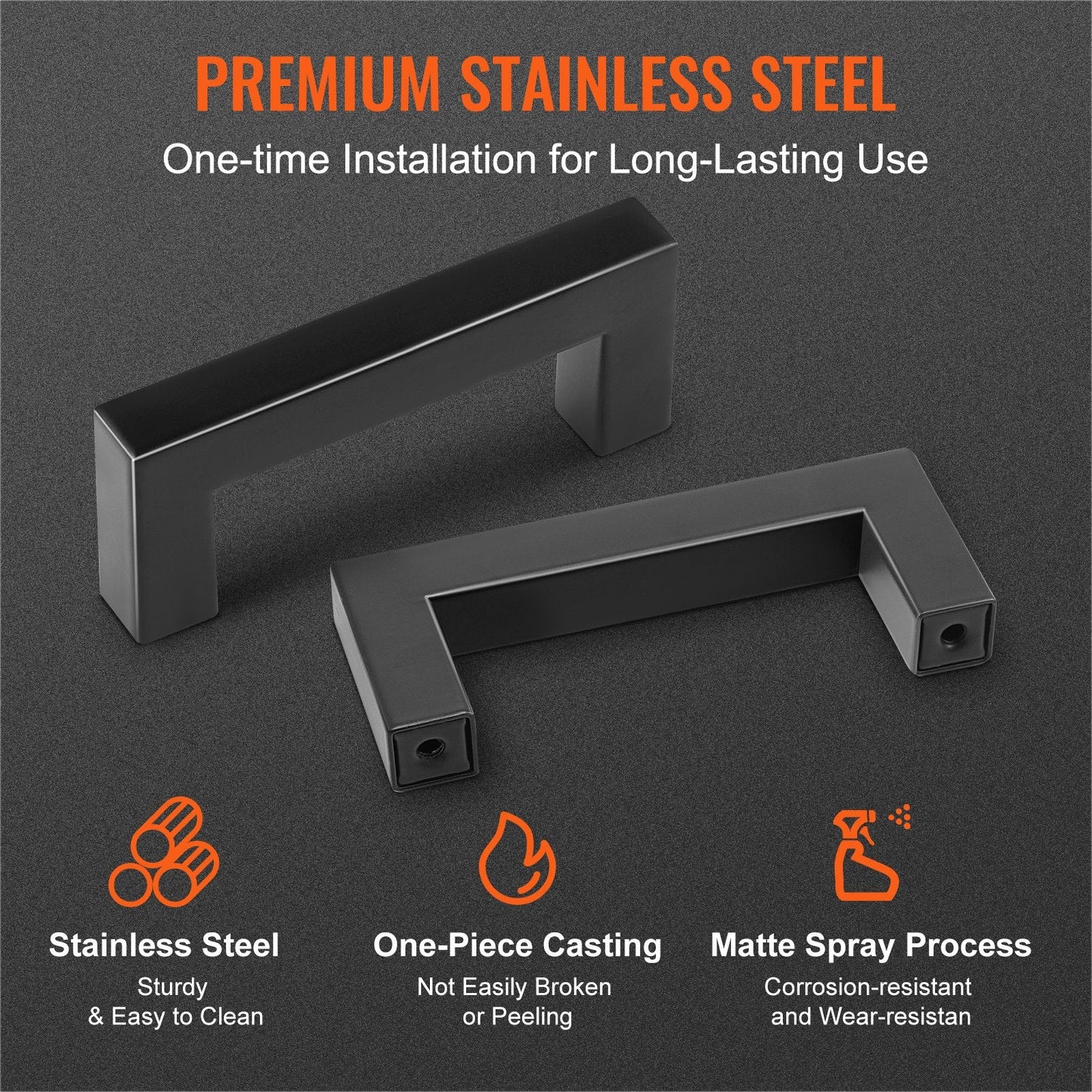 10-Piece Slim Square Cabinet Pulls, 76mm Center, Stainless Steel Matte Black