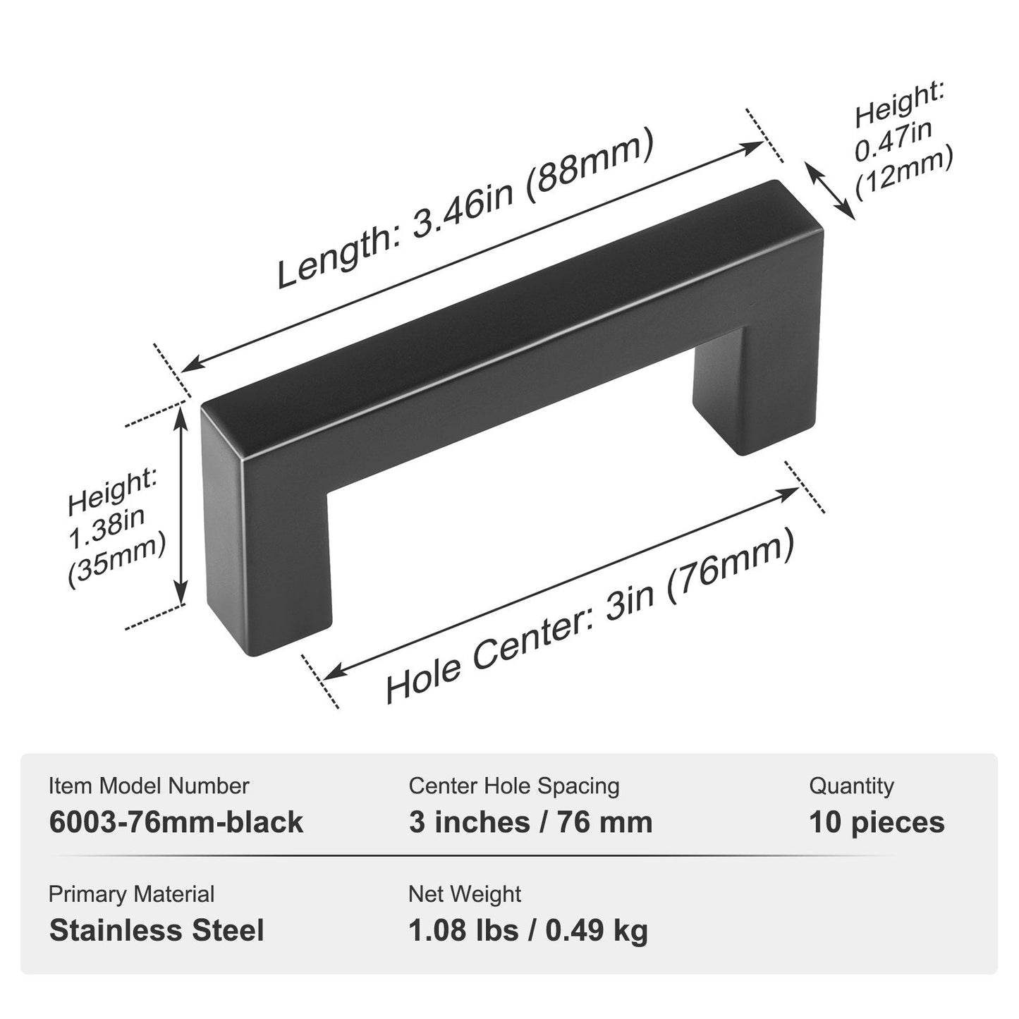 10-Piece Slim Square Cabinet Pulls, 76mm Center, Stainless Steel Matte Black