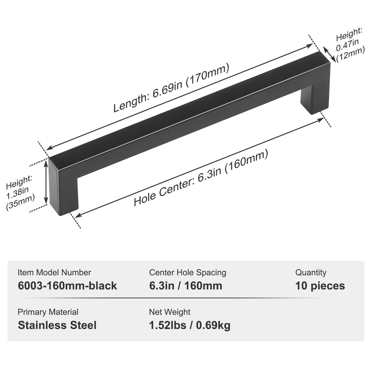10 Pack Matte Black Cabinet Pulls, 16cm Center, Stainless Steel Handles