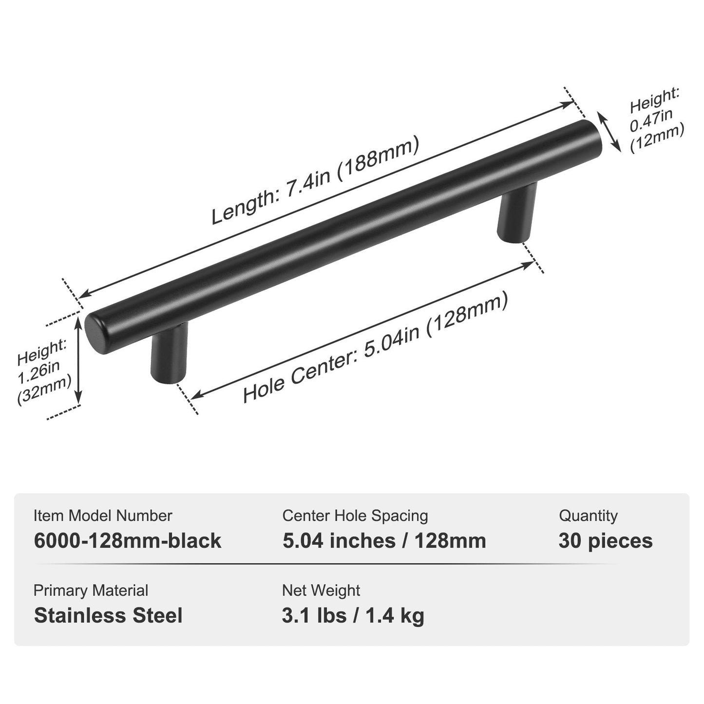 30-Piece Matte Black Stainless Steel Cabinet Handles, 128mm Center to Center