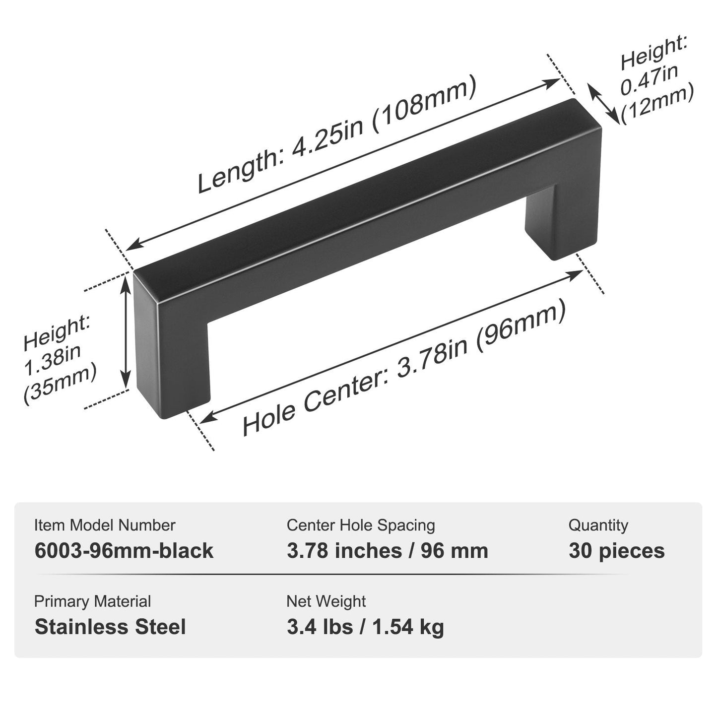 30 Pack Matte Black Stainless Steel Cabinet Pulls, 96mm, Modern Square Design