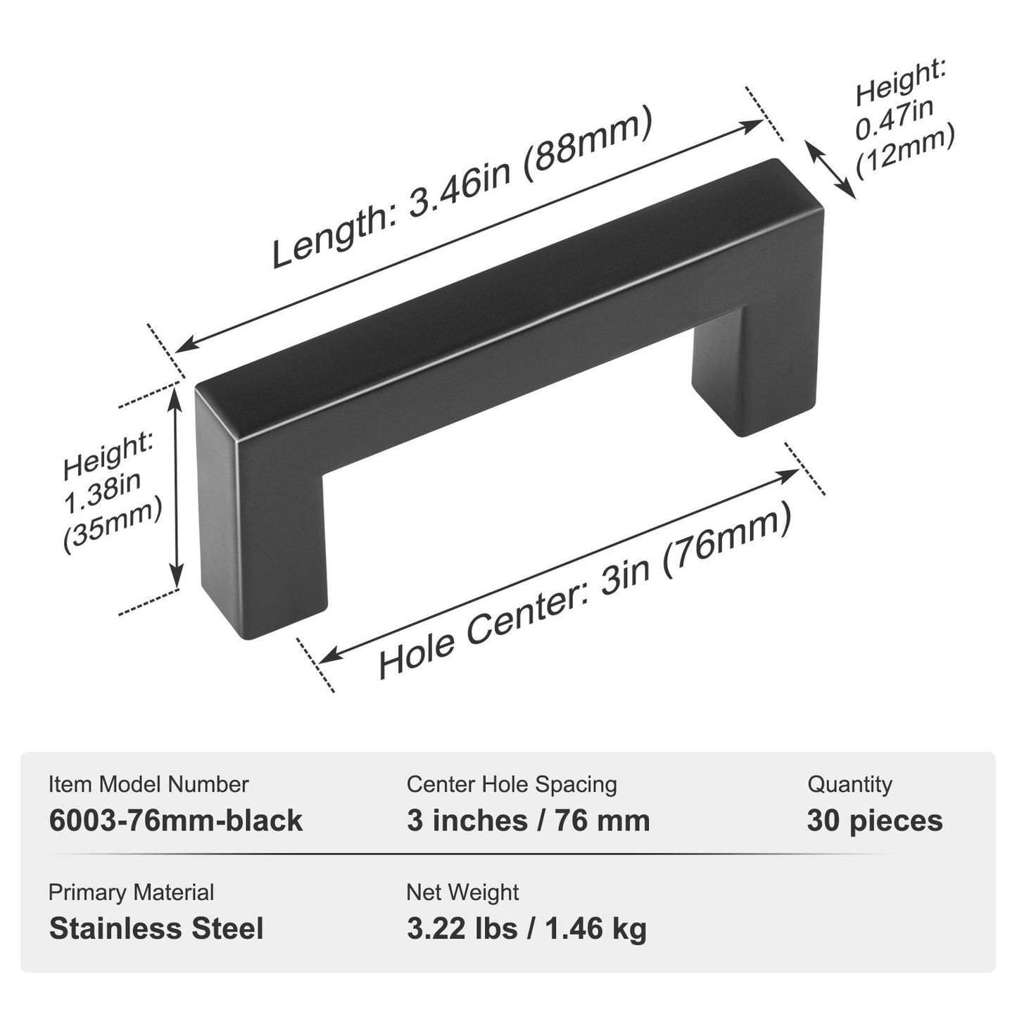 30-Piece Set of Slim Square Cabinet Pulls, 76mm Center-to-Center, Matte Black