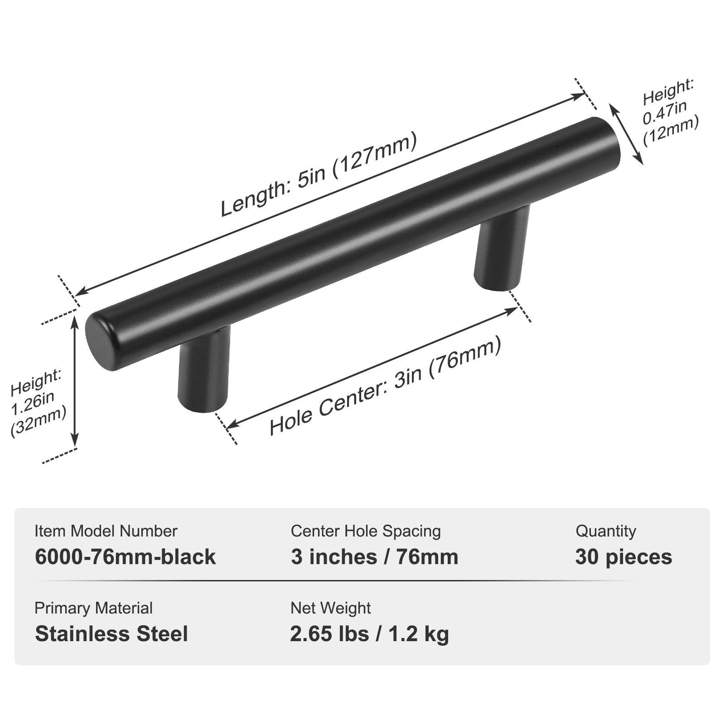30-Pack Matte Black Stainless Steel Cabinet Pulls, 0.08m Center, Modern Style
