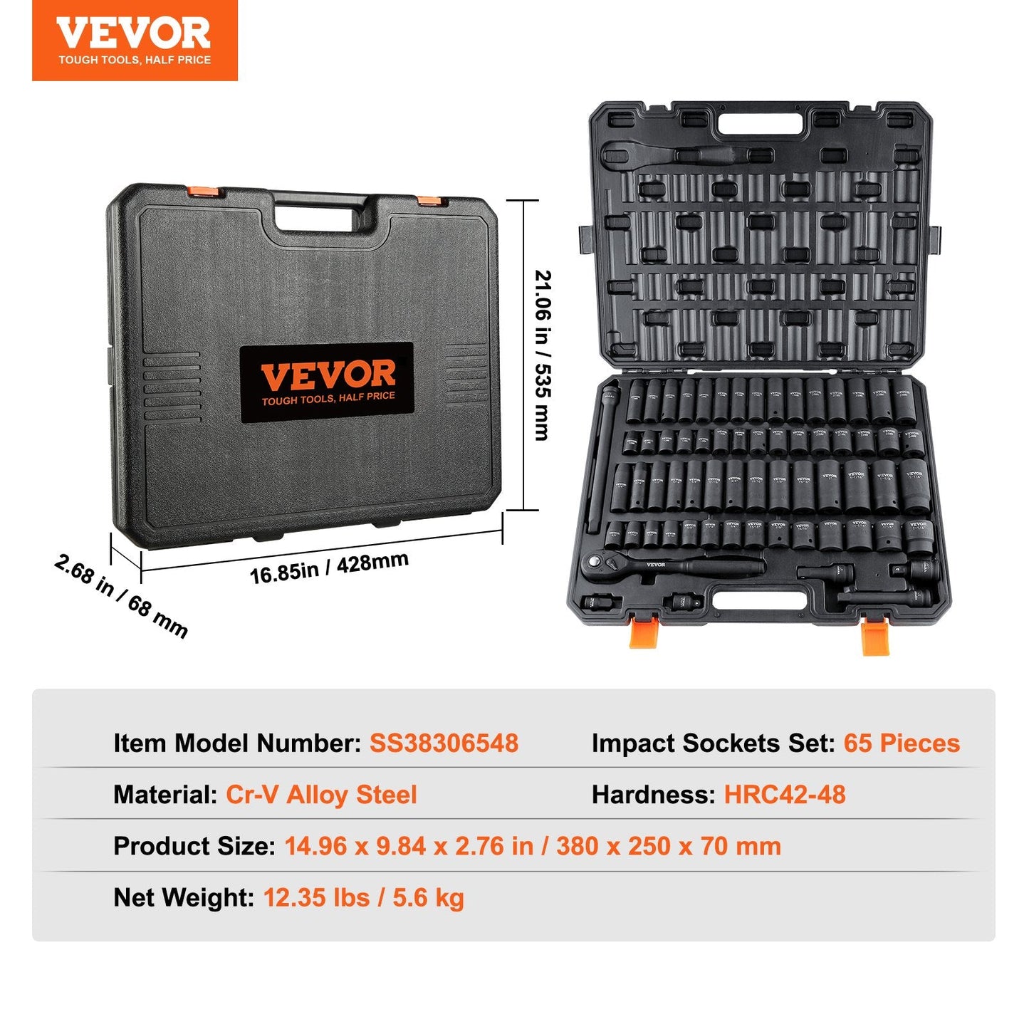 65-Piece 1/2" Drive Impact Socket Set, SAE & Metric, Cr-V Steel, with Case