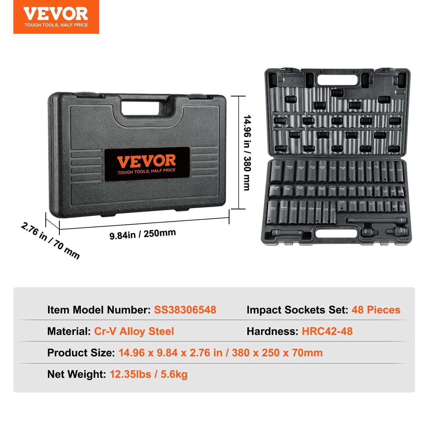 VEVOR 3/8" Drive Impact Socket Set, 48 Piece Socket Set SAE (5/16" -3/4") & Metric