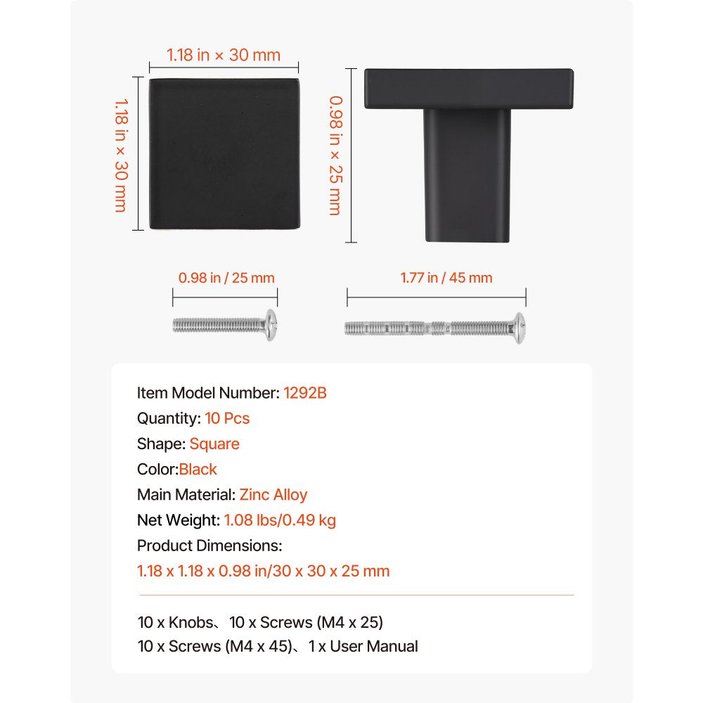 Cabinet Knobs Drawer Kitchen Pulls 10 Pack 30 mm Square Zinc Alloy Black