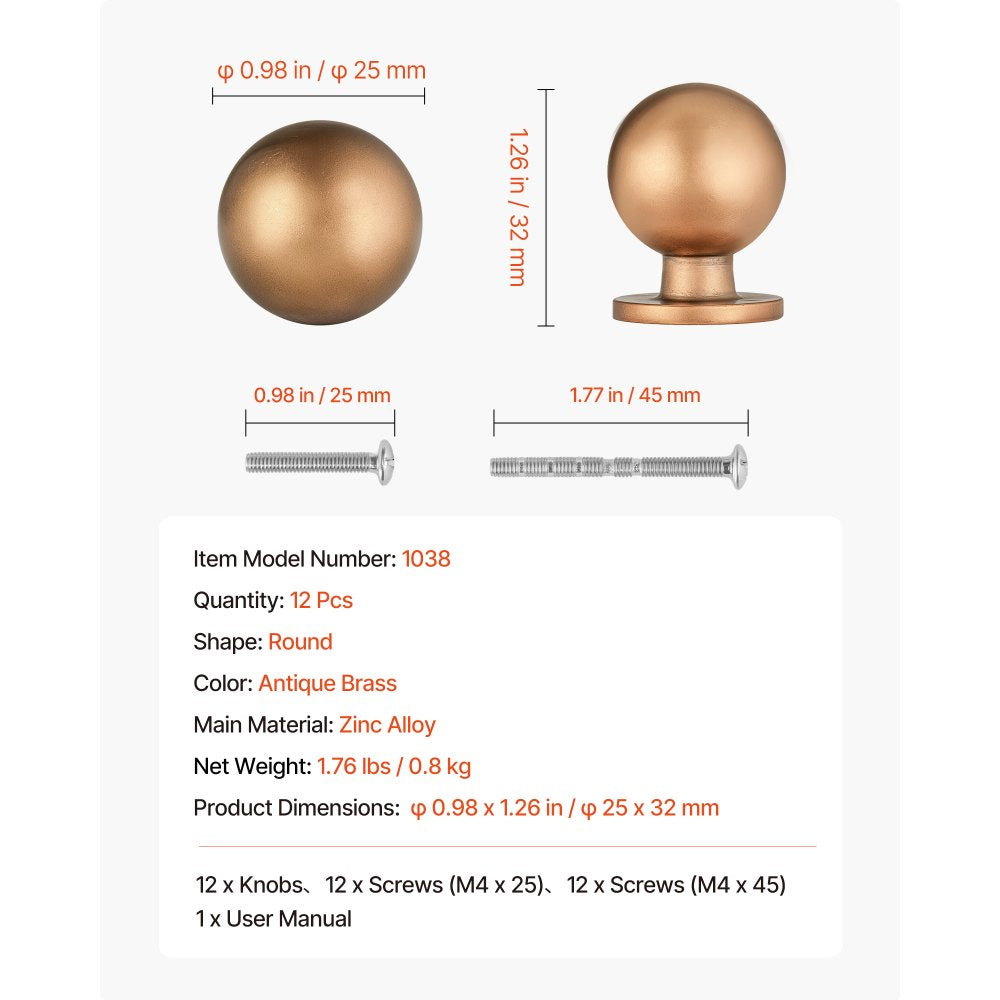 Cabinet Knobs Drawer Kitchen Pulls 12 Pack 25 mm Round Handle Zinc Alloy