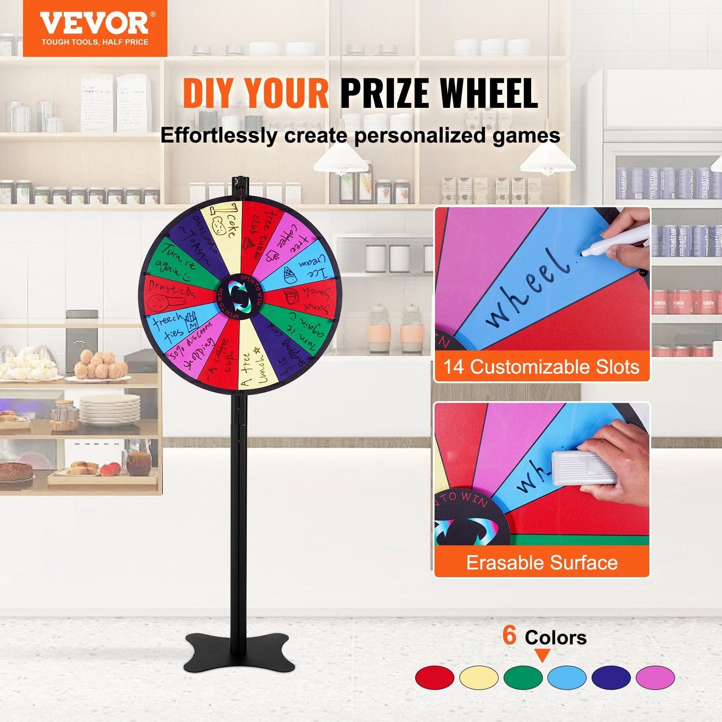 24cm Roulette Prize Wheel, 14 Slots, with Stand & Markers for Events and Parties