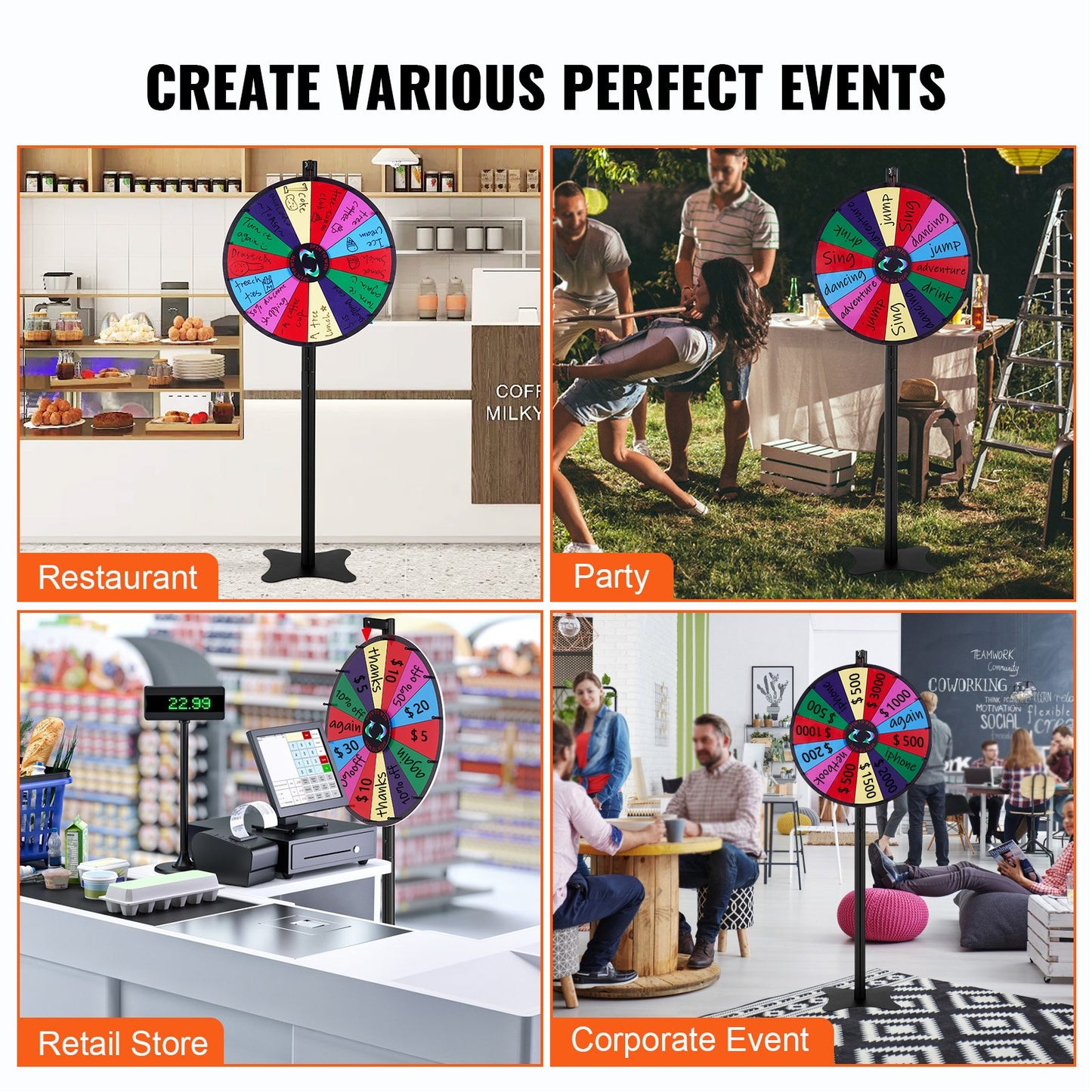 VEVOR 24 inch Spinning Prize Wheel, 14 Slots Spinning Wheel, Roulette Wheel with