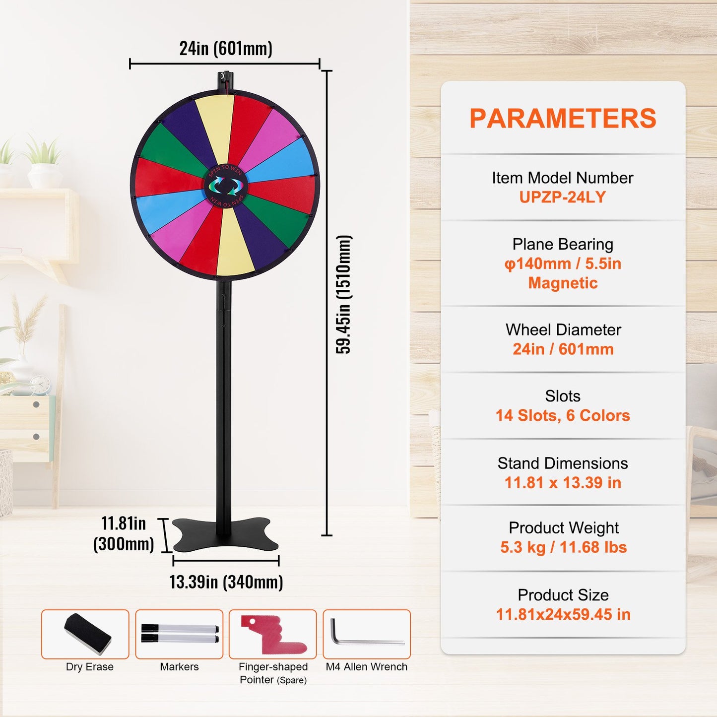 VEVOR 24 inch Spinning Prize Wheel, 14 Slots Spinning Wheel, Roulette Wheel with