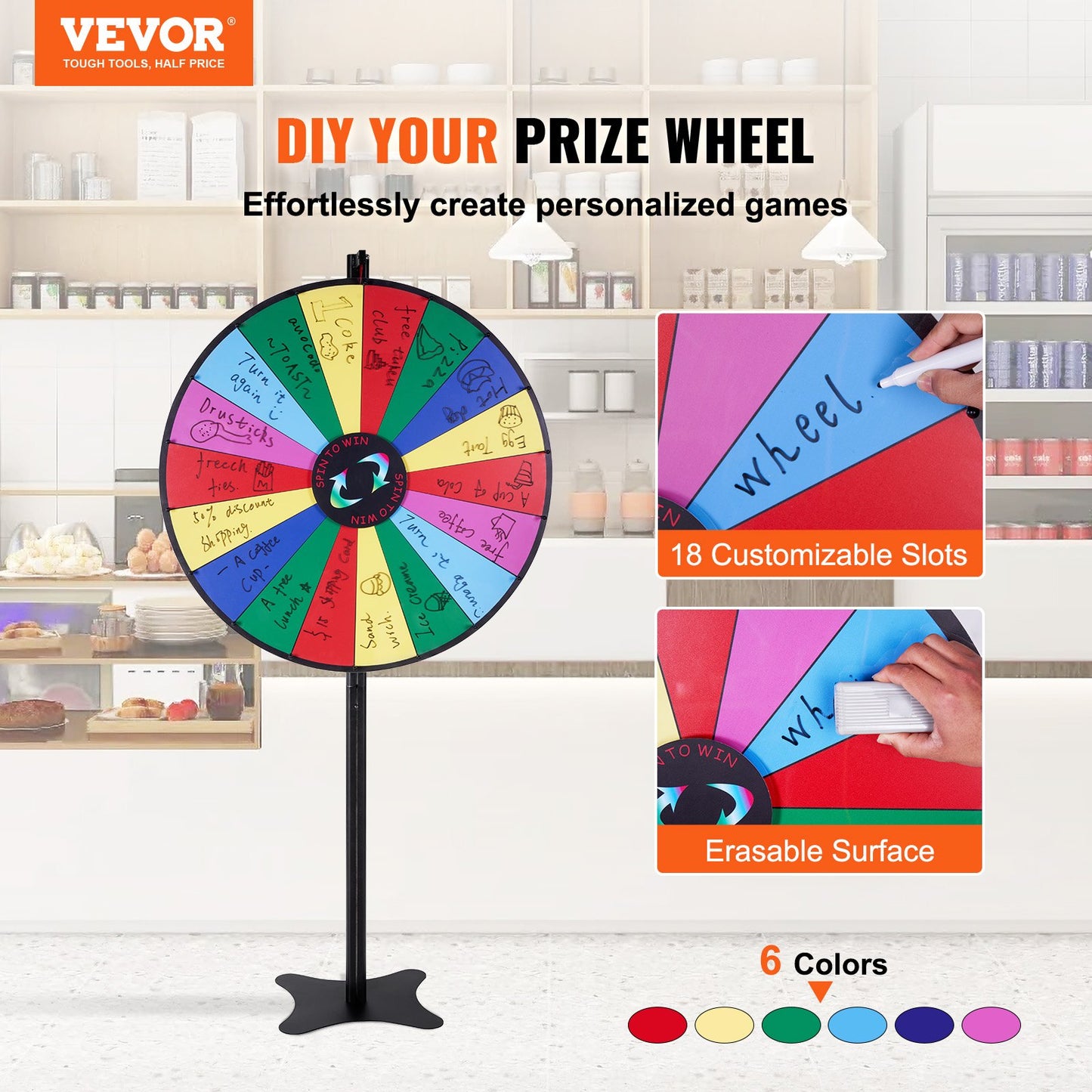 VEVOR 36 inch Spinning Prize Wheel, 18 Slots Spinning Wheel, Roulette Wheel with