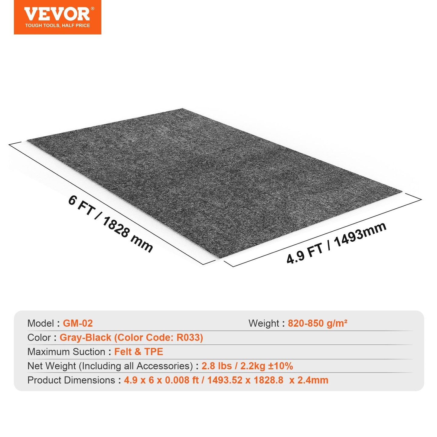Waterproof Garage Floor Mat, 1.49x1.8M, Heavy Duty Protection, Gray-Black