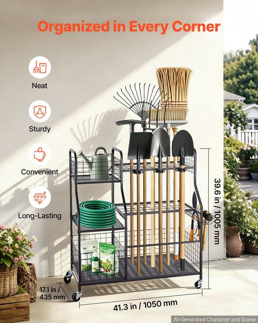 Garden Tool Organizer with Wheels, Large Metal Garage Storage Rack, for Rakes/Shovels/Brooms, Yard Utility Tool Holder for Shed/Outdoor/Lawn Organization, Heavy-Duty Steel, with Hooks, Black