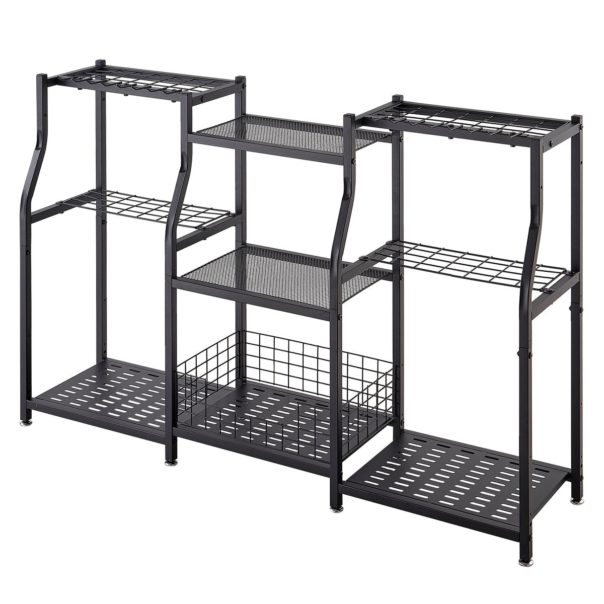 Garden Tool Organizer, 3-Tier High-Capacity Metal Garage Storage Rack, for Rakes/Shovels/Brooms, Yard Utility Tool Holder for Shed/Outdoor/Lawn Organization, Heavy-Duty Steel, with Hooks, Black