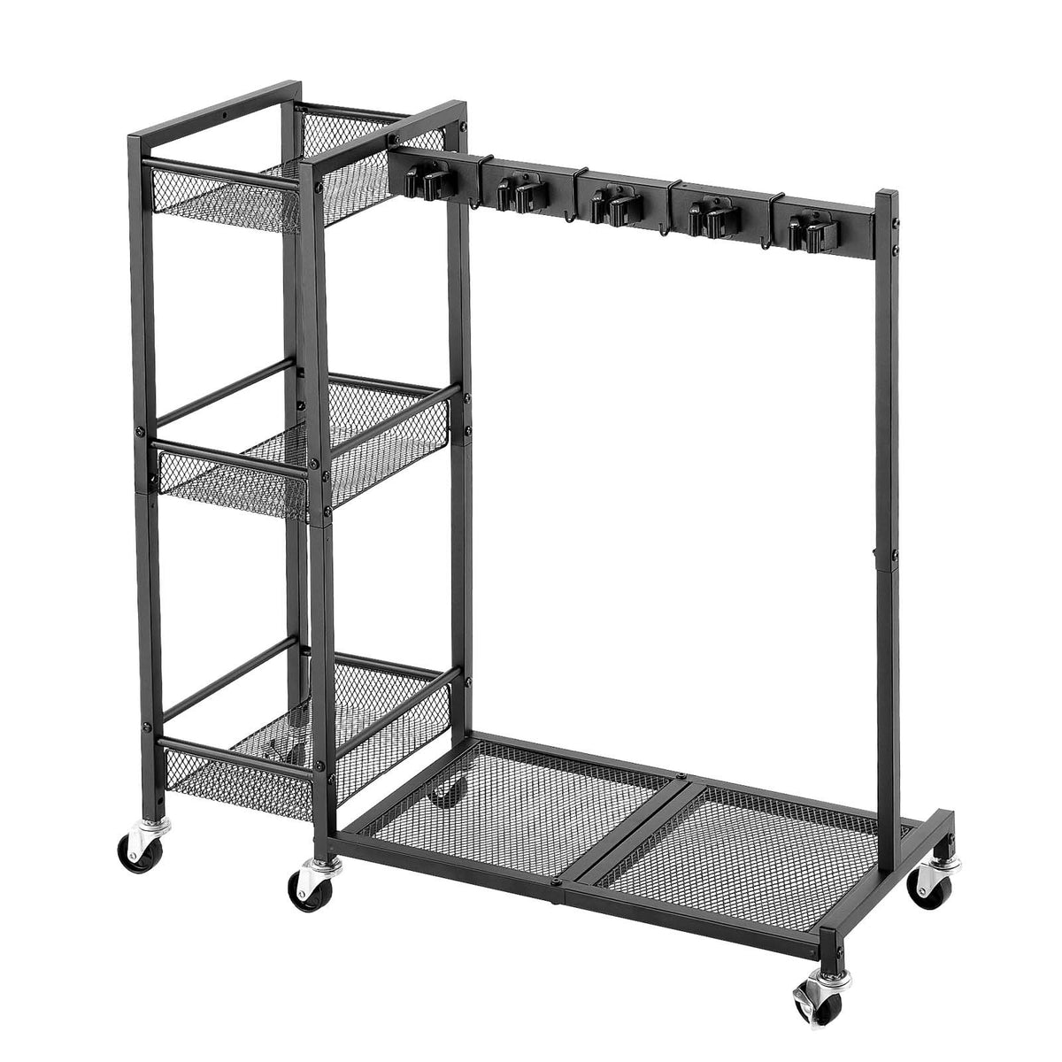 Broom Holder with Cleaning Supplies Organizer, Garage Storage Metal, Cleaning Cart with Mop Hanger, for Home Brooms, Detergent, Brushes, Heavy-Duty Steel Utility Tool Holder, with Wheels, Black
