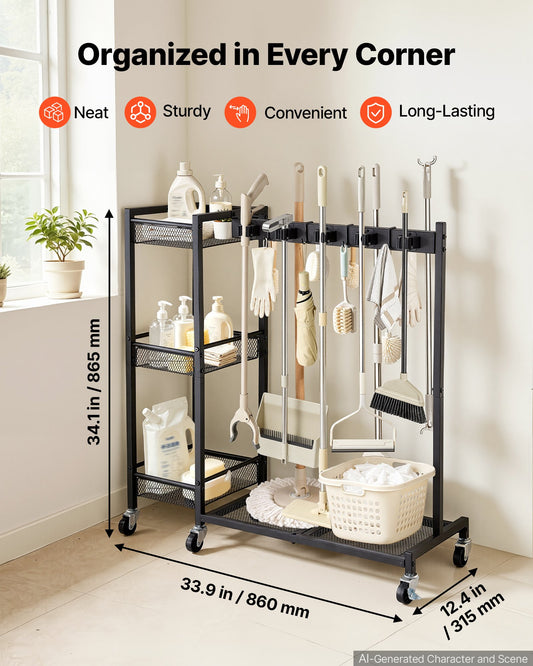 Broom Holder with Cleaning Supplies Organizer, Garage Storage Metal, Cleaning Cart with Mop Hanger, for Home Brooms, Detergent, Brushes, Heavy-Duty Steel Utility Tool Holder, with Wheels, Black
