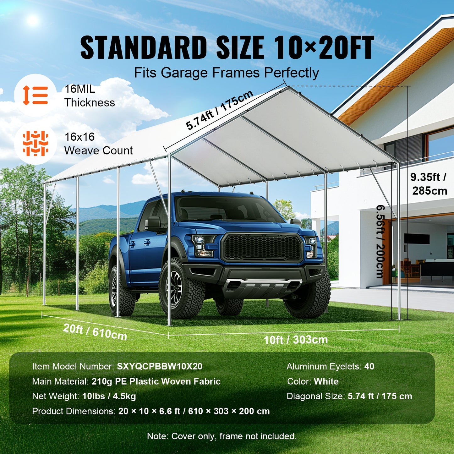 VEVOR 10 x 20 ft Carport Replacement Canopy Cover, Garage Top Tent Shelter Tarp