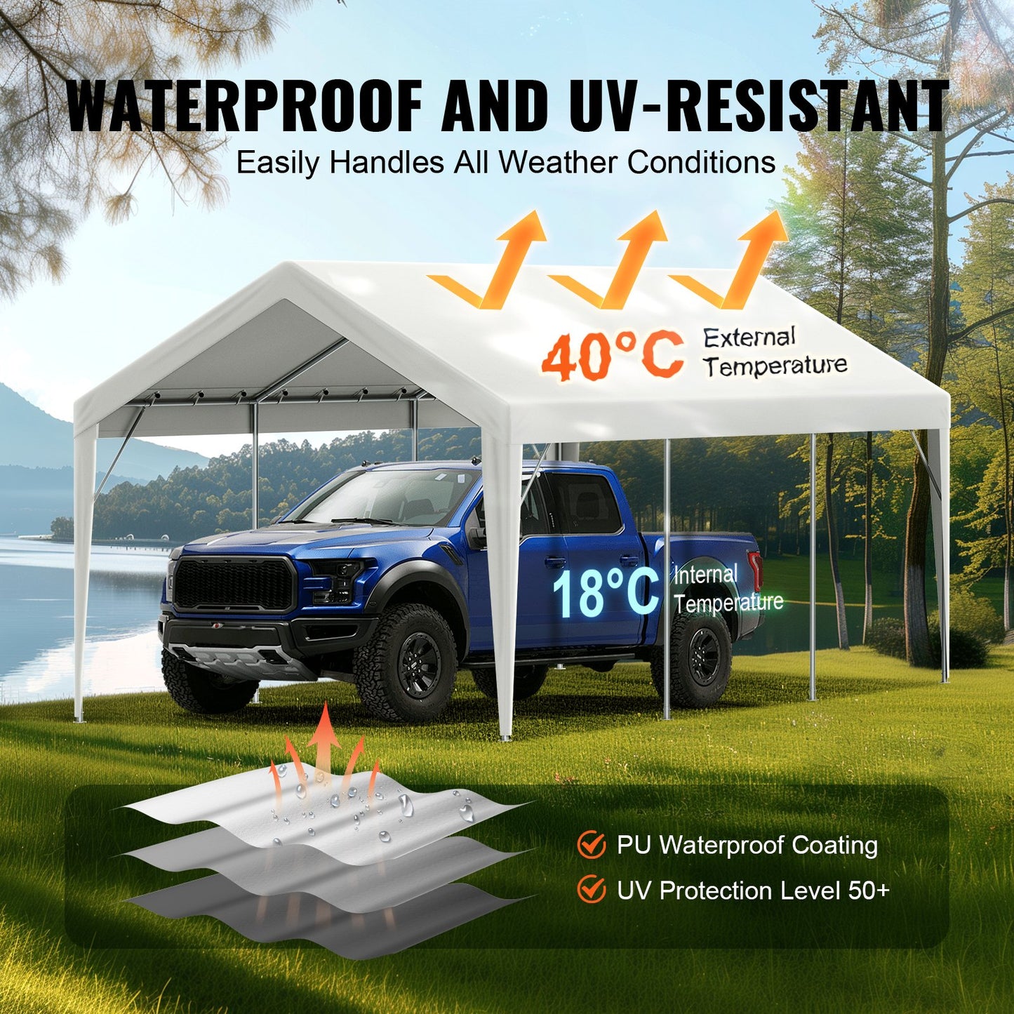 VEVOR Carport Replacement Canopy Cover 10 x 20 ft, Garage Top Tent Shelter Tarp