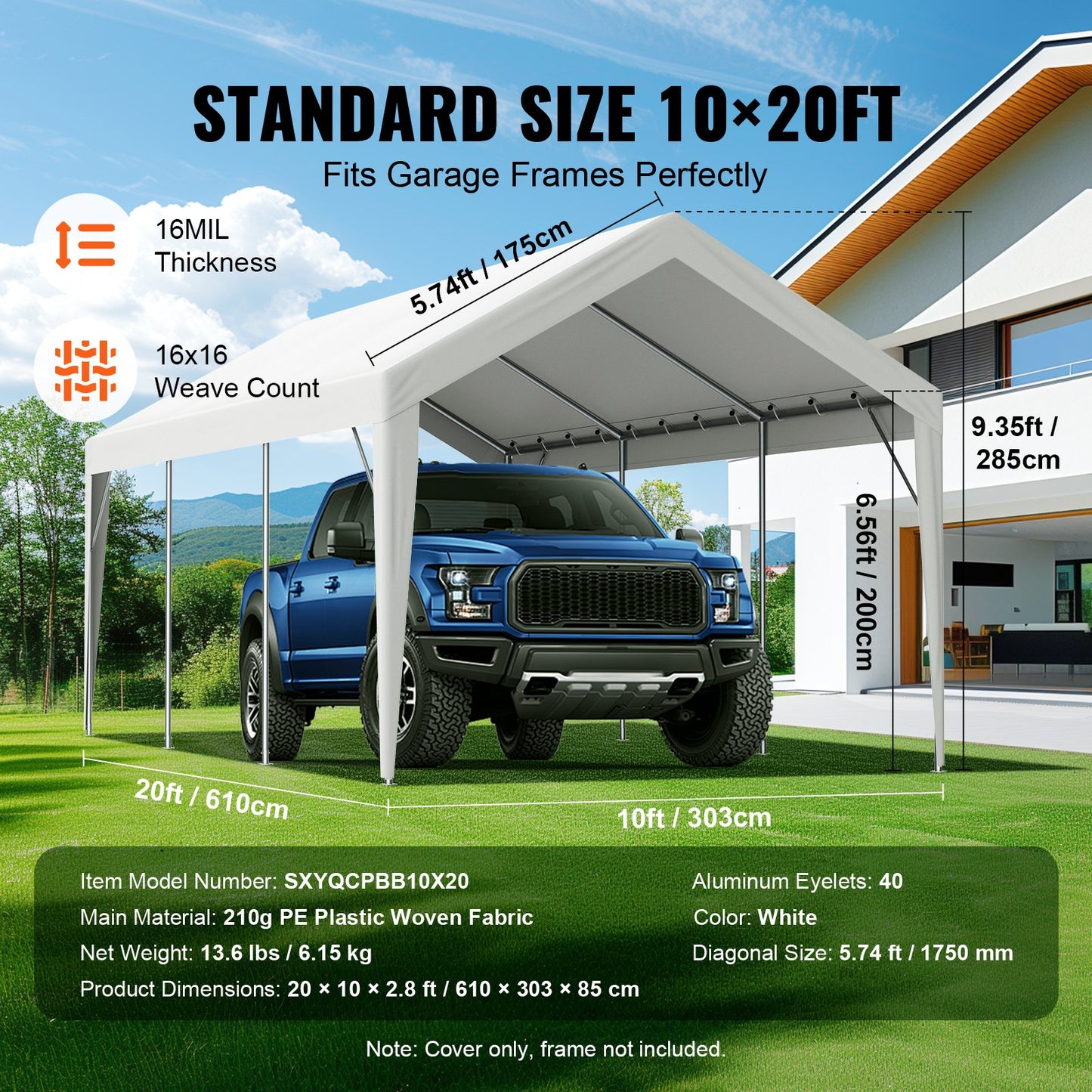 VEVOR Carport Replacement Canopy Cover 10 x 20 ft, Garage Top Tent Shelter Tarp