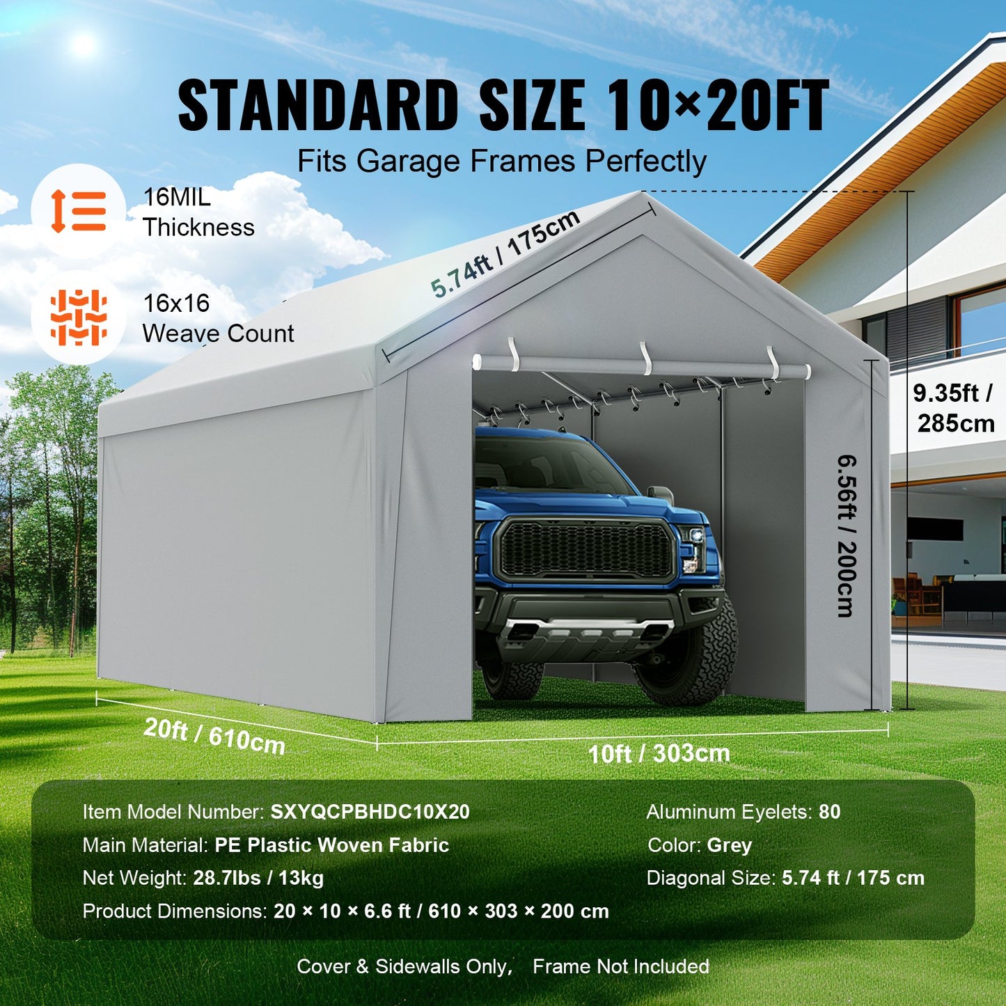 VEVOR Carport Replacement Canopy Cover Top + Side Wall 10 x 20 ft, Garage Tent Shelter