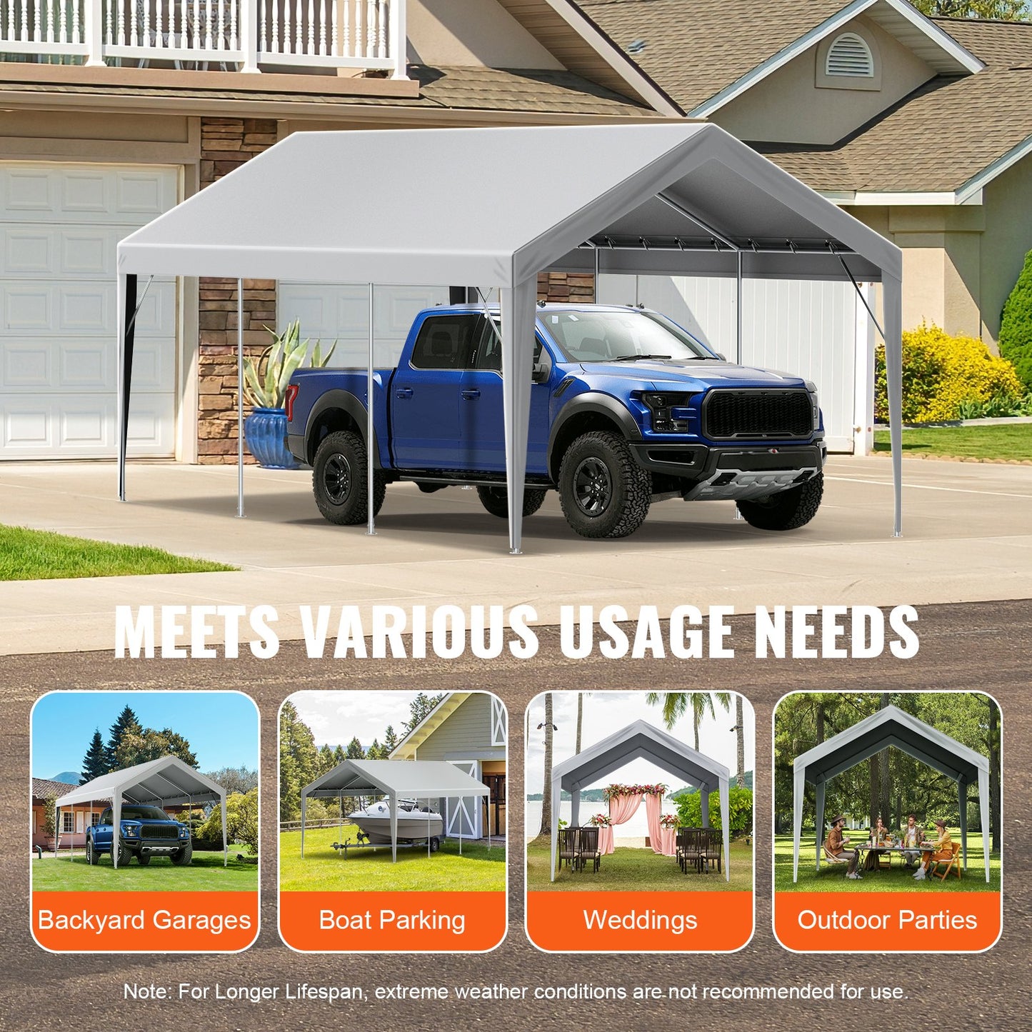 VEVOR Carport Replacement Canopy Cover 10 x 20 ft, Garage Top Tent Shelter Tarp