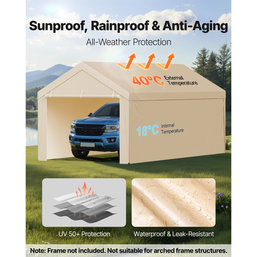 Carport Replacement Canopy, 3 x 6 m Potable Garage Tent Top Tarp with Sidewalls, UV-Resistant & Waterproof, Heavy Duty Car Shelter Tarp with Ball Buggees, Beige, Frame Not Included