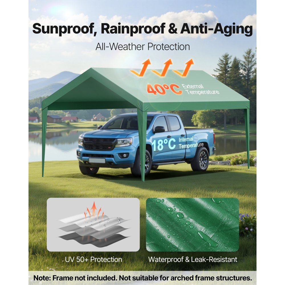 Carport Replacement Canopy, 3 x 6 m Potable Garage Tent Top Tarp, UV-Resistant & Waterproof Car Shelter Tarp, Heavy Duty Car Port Cover with Ball Buggees, Dark Green, Frame Not Included
