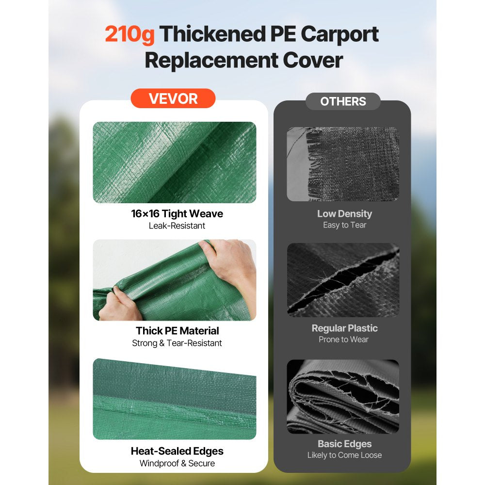 Carport Replacement Canopy, 3 x 6 m Potable Garage Tent Top Tarp, UV-Resistant & Waterproof Car Shelter Tarp, Heavy Duty Car Port Cover with Ball Buggees, Dark Green, Frame Not Included