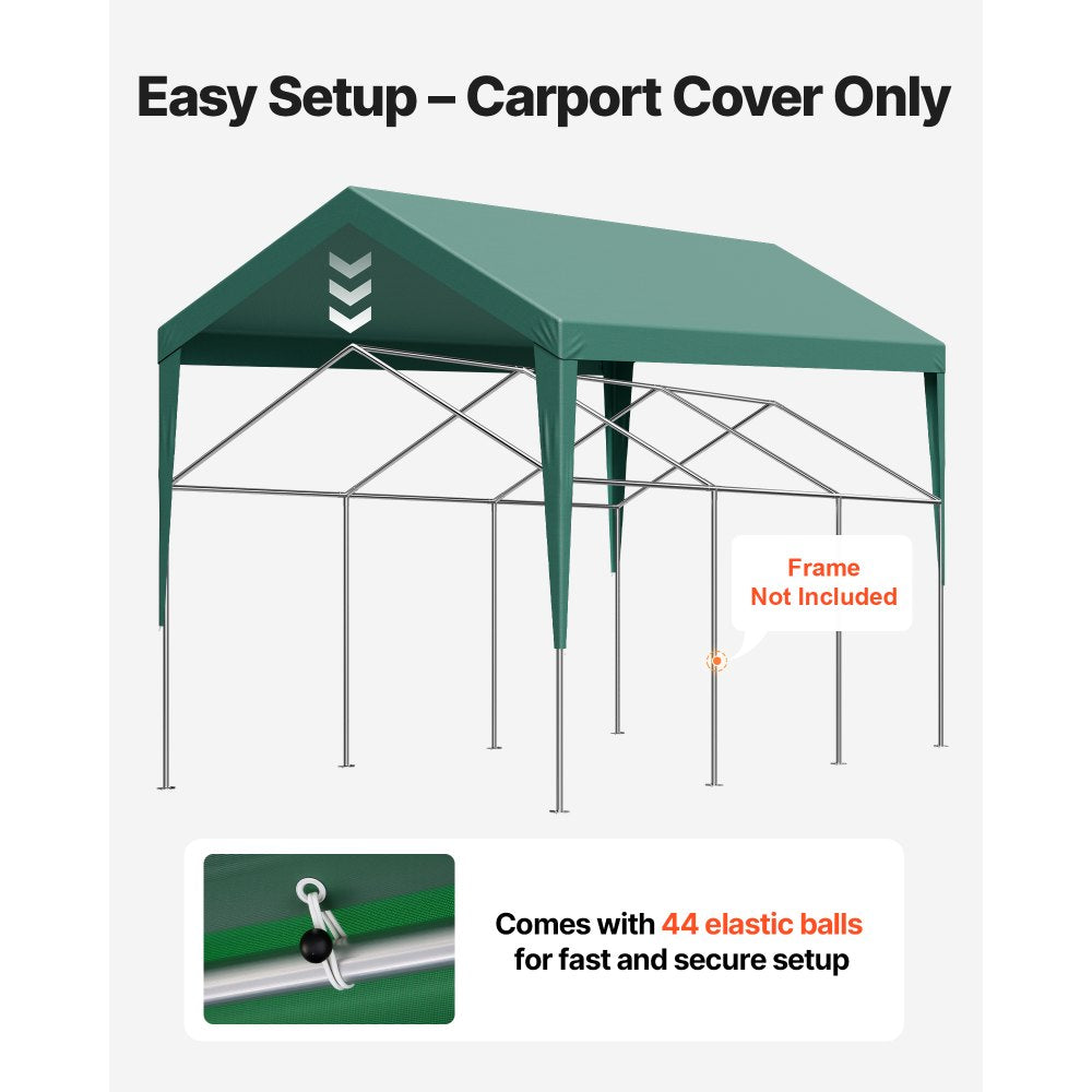Carport Replacement Canopy, 3 x 6 m Potable Garage Tent Top Tarp, UV-Resistant & Waterproof Car Shelter Tarp, Heavy Duty Car Port Cover with Ball Buggees, Dark Green, Frame Not Included