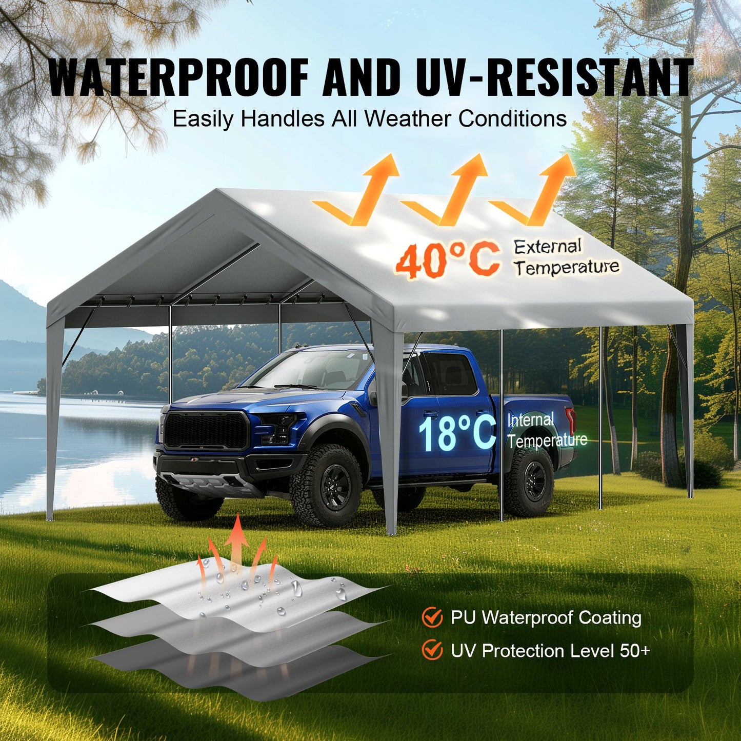 VEVOR Carport Replacement Canopy Cover 12 x 20 ft, Garage Top Tent Shelter Tarp