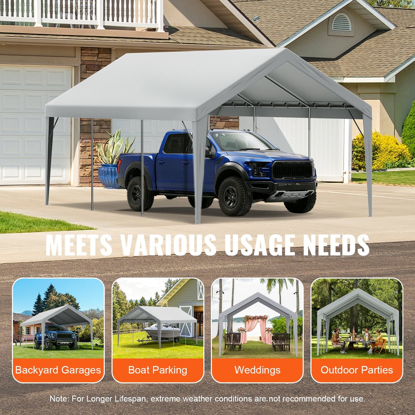 VEVOR Carport Replacement Canopy Cover 12 x 20 ft, Garage Top Tent Shelter Tarp