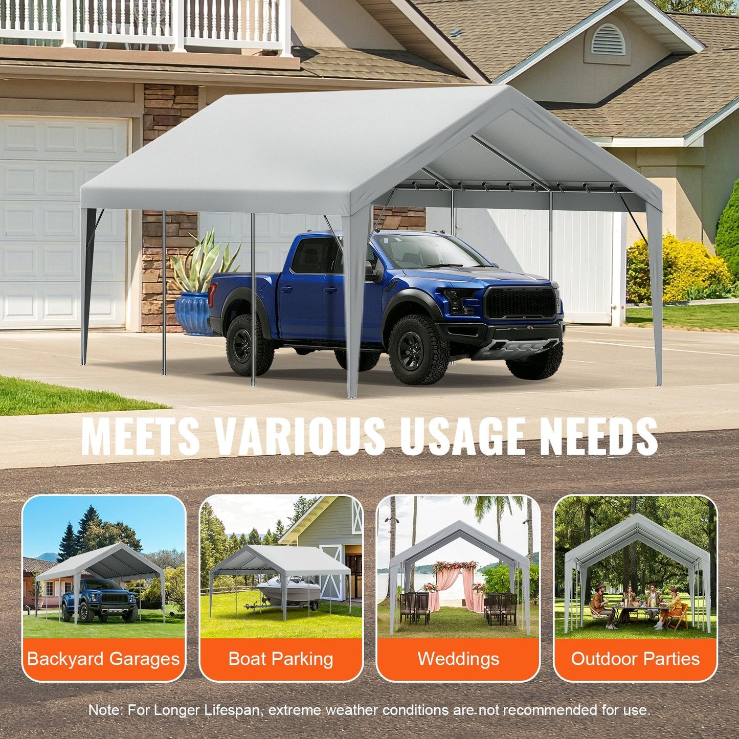 Heavy-Duty 3.7 x 6.1m Carport Canopy Cover, Waterproof UV Resistant Tarp, Grey