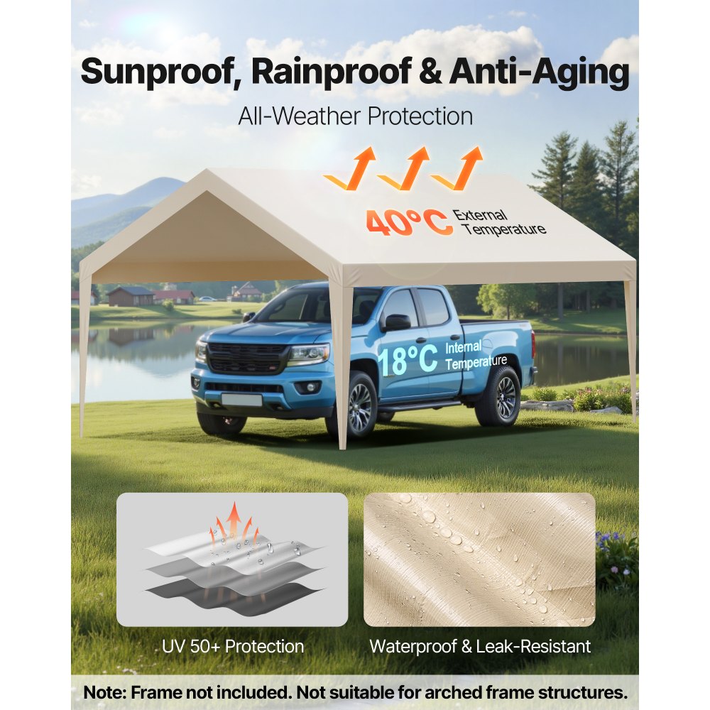 Carport Replacement Canopy, 3.6 x 6 m Potable Garage Tent Top Tarp, UV-Resistant & Waterproof Car Shelter Tarp, Heavy Duty Car Port Cover with Ball Buggees, Beige, Frame Not Included