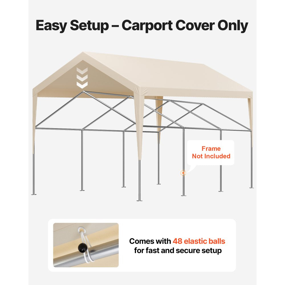 Carport Replacement Canopy, 3.6 x 6 m Potable Garage Tent Top Tarp, UV-Resistant & Waterproof Car Shelter Tarp, Heavy Duty Car Port Cover with Ball Buggees, Beige, Frame Not Included