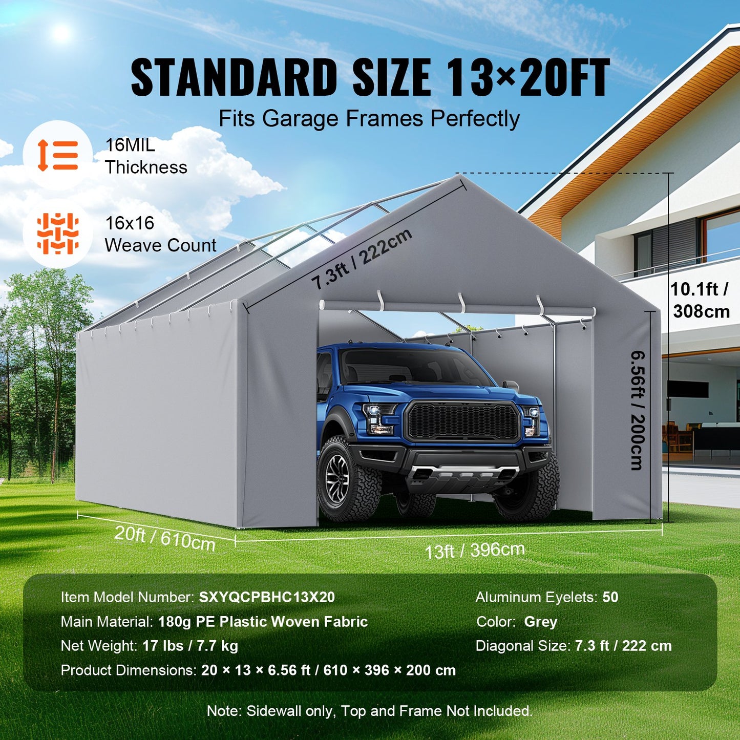 VEVOR Carport Replacement Canopy Cover Side Wall 13 x 20 ft, Garage Tent Shelter