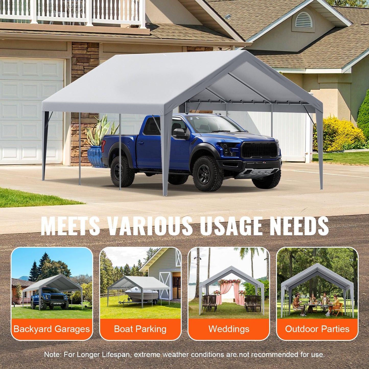 VEVOR Carport Replacement Canopy Cover 13 x 20 ft, Garage Top Tent Shelter Tarp