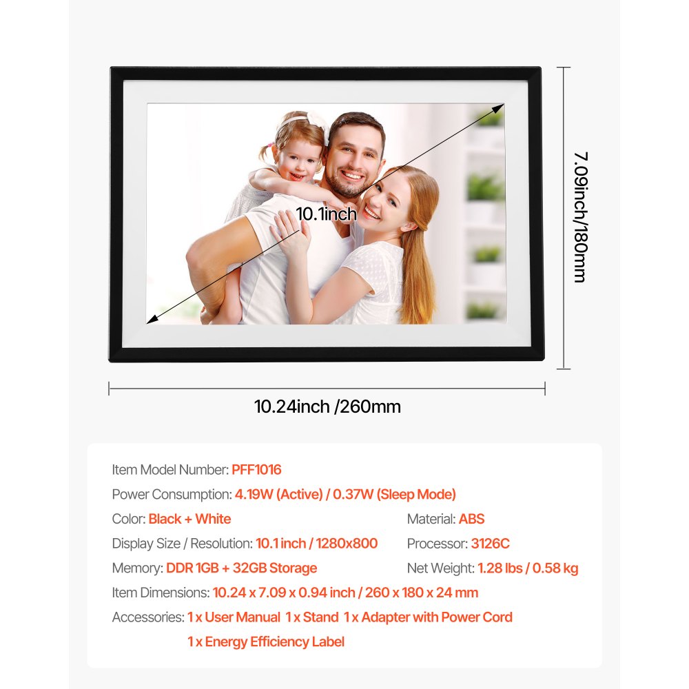 VEVOR 260 mm Digital Picture Frame 32GB IPS Touchscreen Wi-Fi Photo Frame