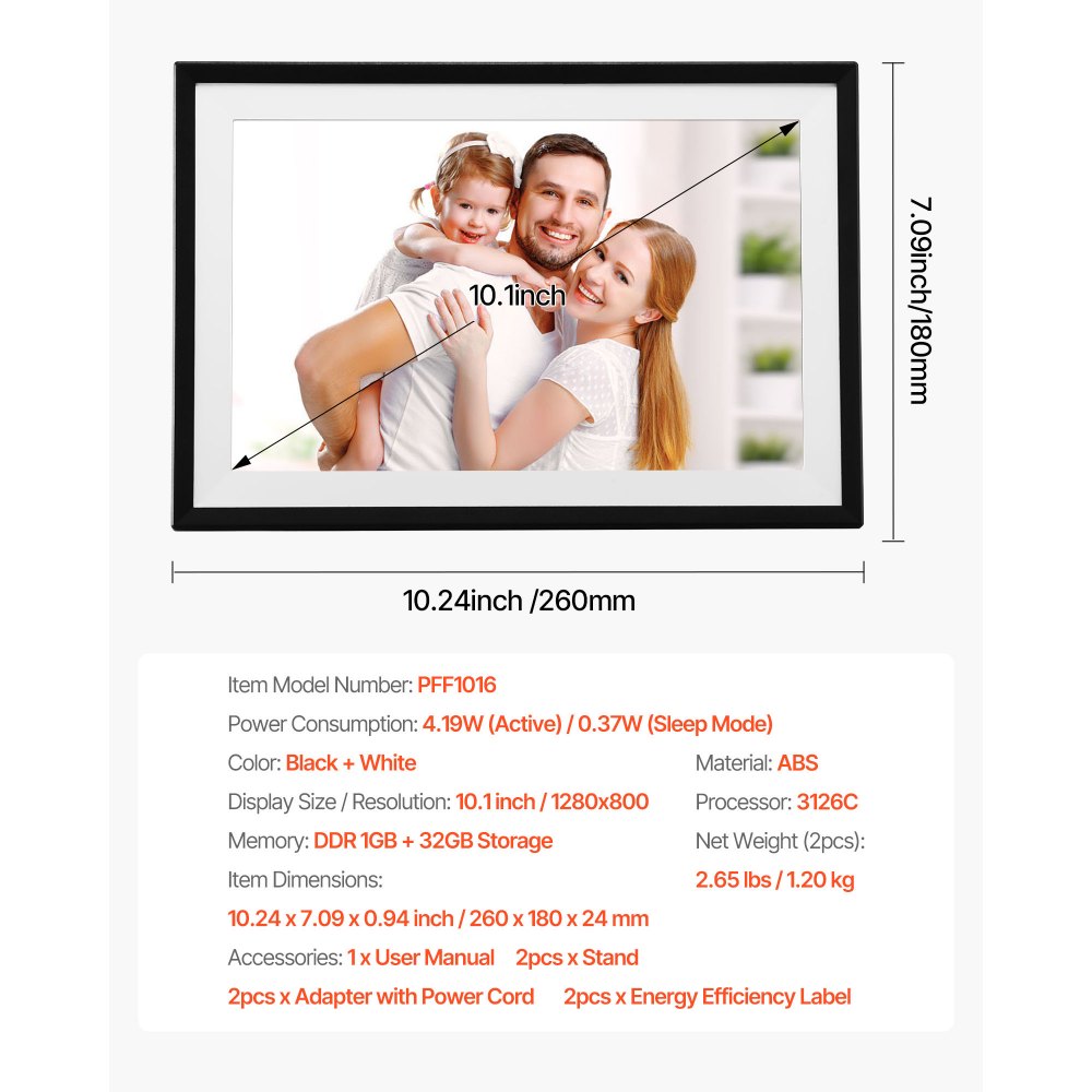 VEVOR 260 mm Digital Picture Frame 32GB Touchscreen 2-Pack Wi-Fi Photo Frames