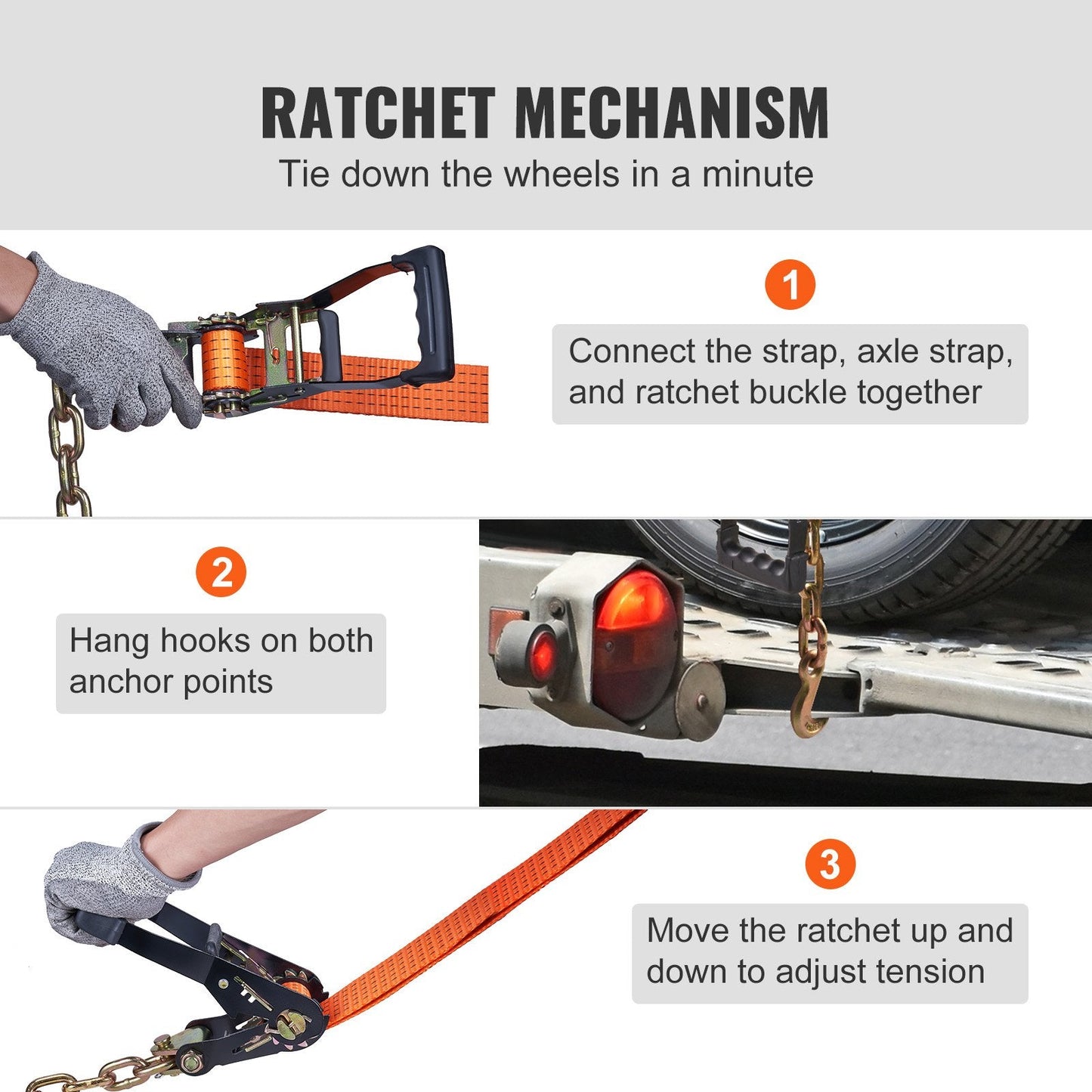 Heavy-Duty Car Tie Down Straps with Chain Anchors, 4-Pack, 3m, 2660kg Load Capacity