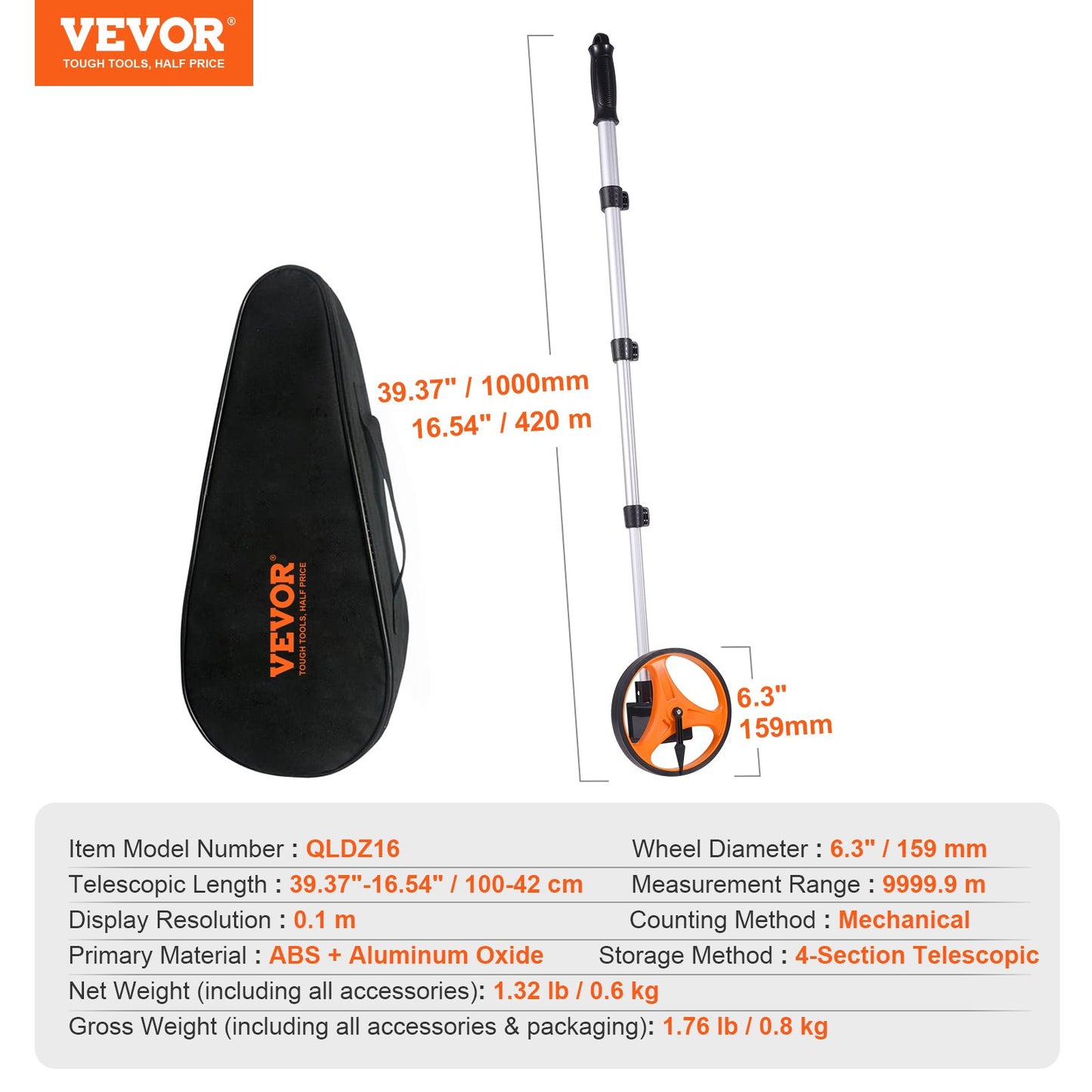 VEVOR Measuring Wheel 6.3” Road Runner Distance Telescoping Handle w/ Back Bag